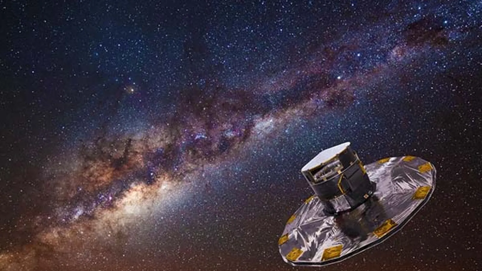 Depiction of the GAIA telescope and the Milky Way Galaxy in the background