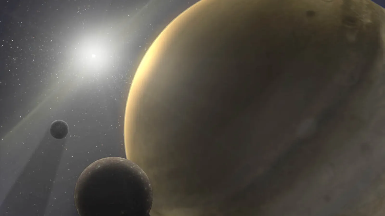 Artist's depiction of a hypothetical 10-million-year-old star system. A bright blur in the center that is similar to our Sun, the other orb is a gas-giant planet, similar to Jupiter.