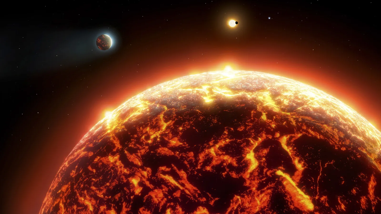 Artist Rendition of a Lava world likely still in the early stages of their evolution, as some theories suggest Earth too was once entirely molten.