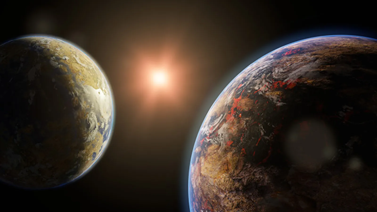 Artists rendering of two exoplanets around a red star