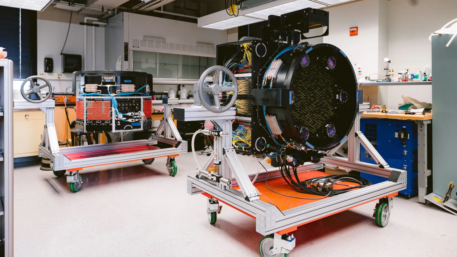 SDSS-V Focal Plane Systems for Las Campanas (left back) and Apache Point (front right) in the OSU Lab