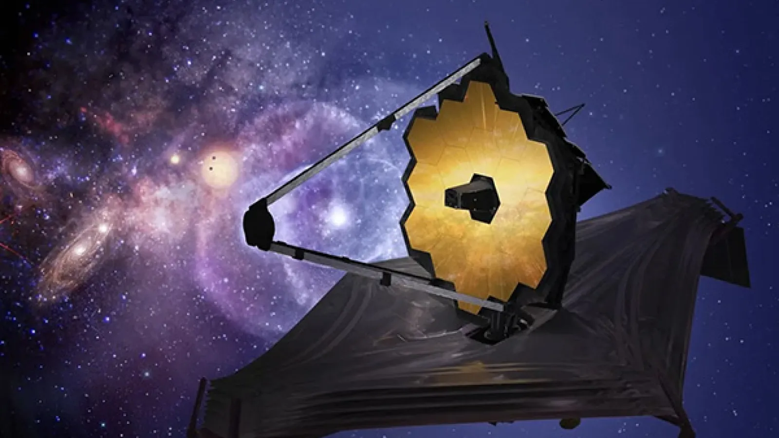 The James Webb Space Telescope superimposed on background galaxies