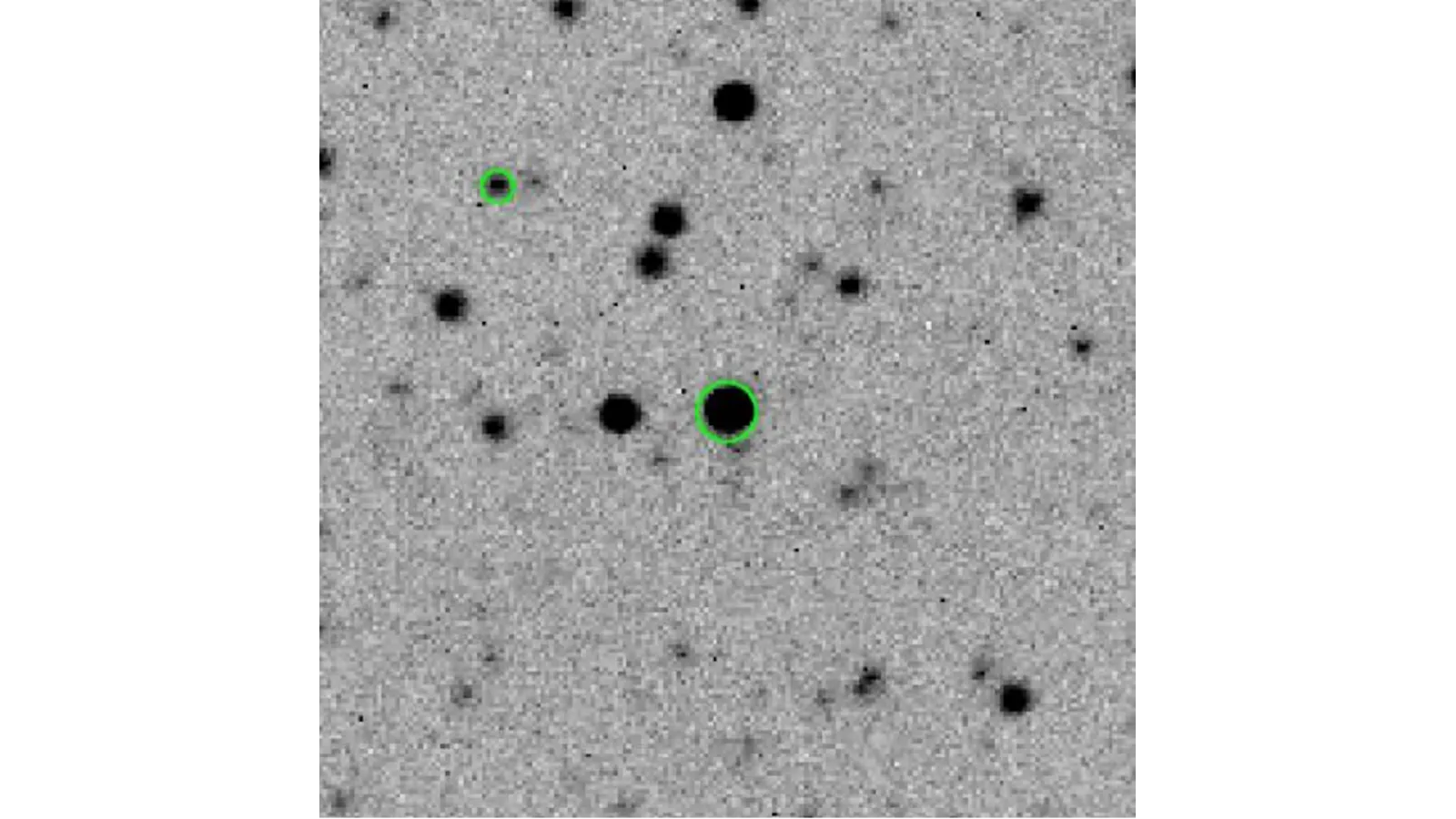 1-degree subfield from KELT, bright star circled is v=6.96mag, fainter star circled is V=10.96mag, faintest stars about 12mag
