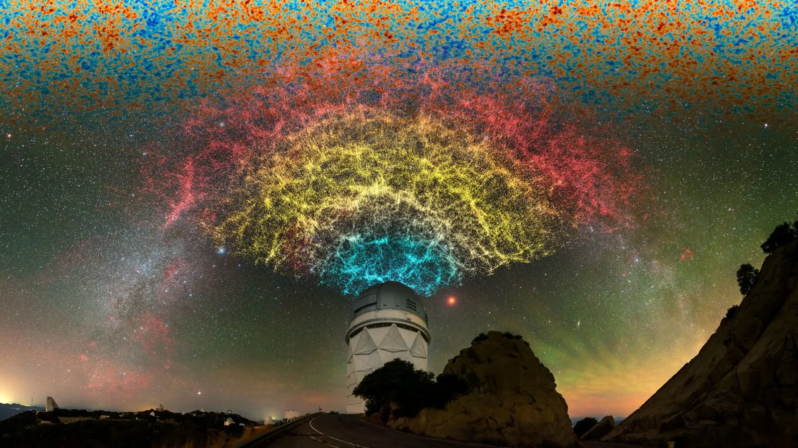 Artistic Composition of DESI Year-One Data Slice Above the Nicholas U. Mayall 4-meter Telescope
