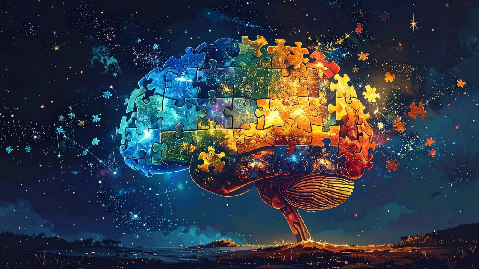 Artists drawing of a colorful brain set against a starry background