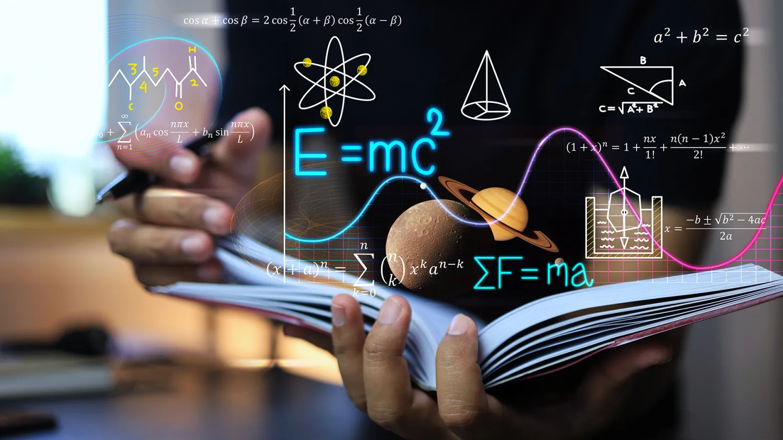 Image with a person holding a book superimposed with physics related graphics in front