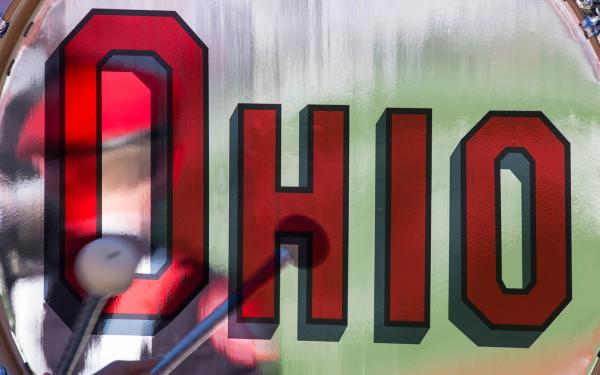 OHIO on the bass drum of the marching band
