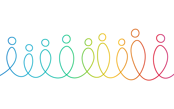 Squiggly lines that represent people with the colors of a rainbow