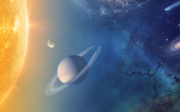 Space art of the solar system showing the Sun, Earth, Saturn, and a galaxy in the distance