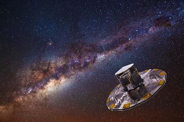 Depiction of the GAIA telescope and the Milky Way Galaxy in the background
