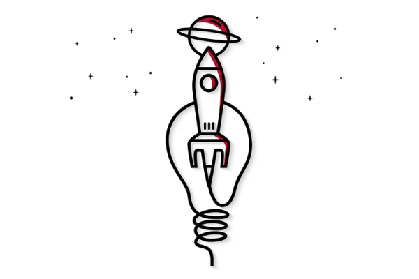 Drawing of a lightbulb with a spaceship