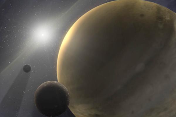 Artist's depiction of a hypothetical 10-million-year-old star system. A bright blur in the center that is similar to our Sun, the other orb is a gas-giant planet, similar to Jupiter.