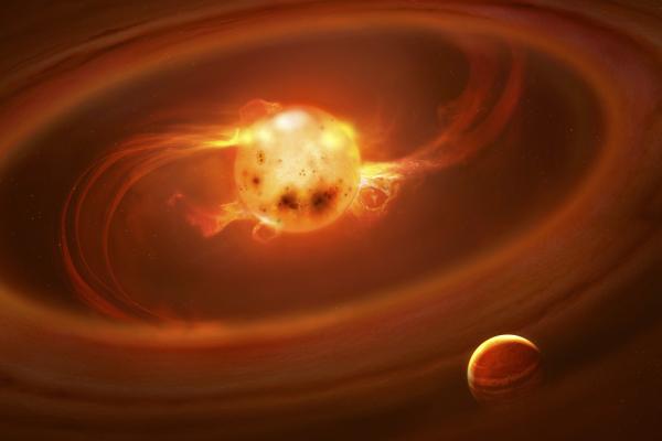 Artist depiction of a young magnetically active star with an exoplanet in orbit