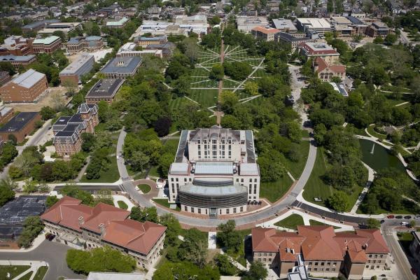 Aerial picture of Thompson Library and The Oval