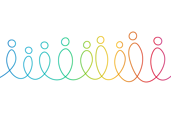 Squiggly lines that represent people with the colors of a rainbow