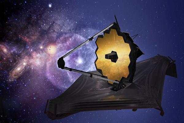 The James Webb Space Telescope superimposed on background galaxies