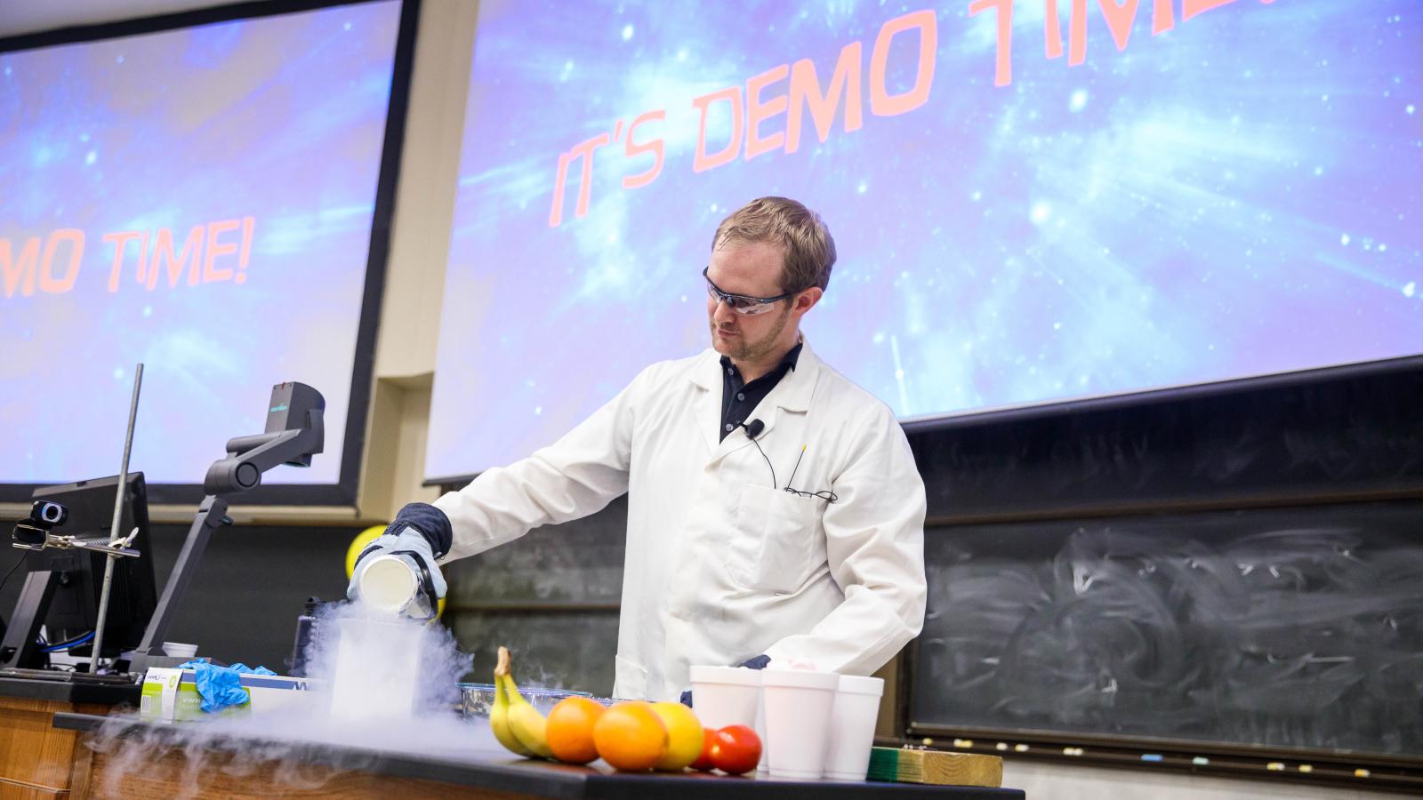 Jonathan Crass completes a liquid nitrogen science demo