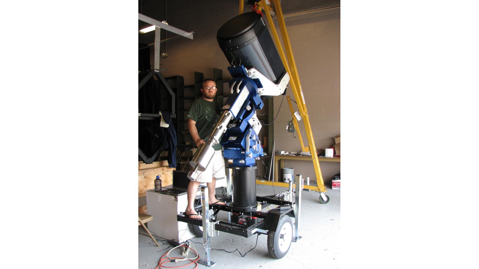 DEMONEX robotic telescope on its trailer at OSU with Jason Eastman