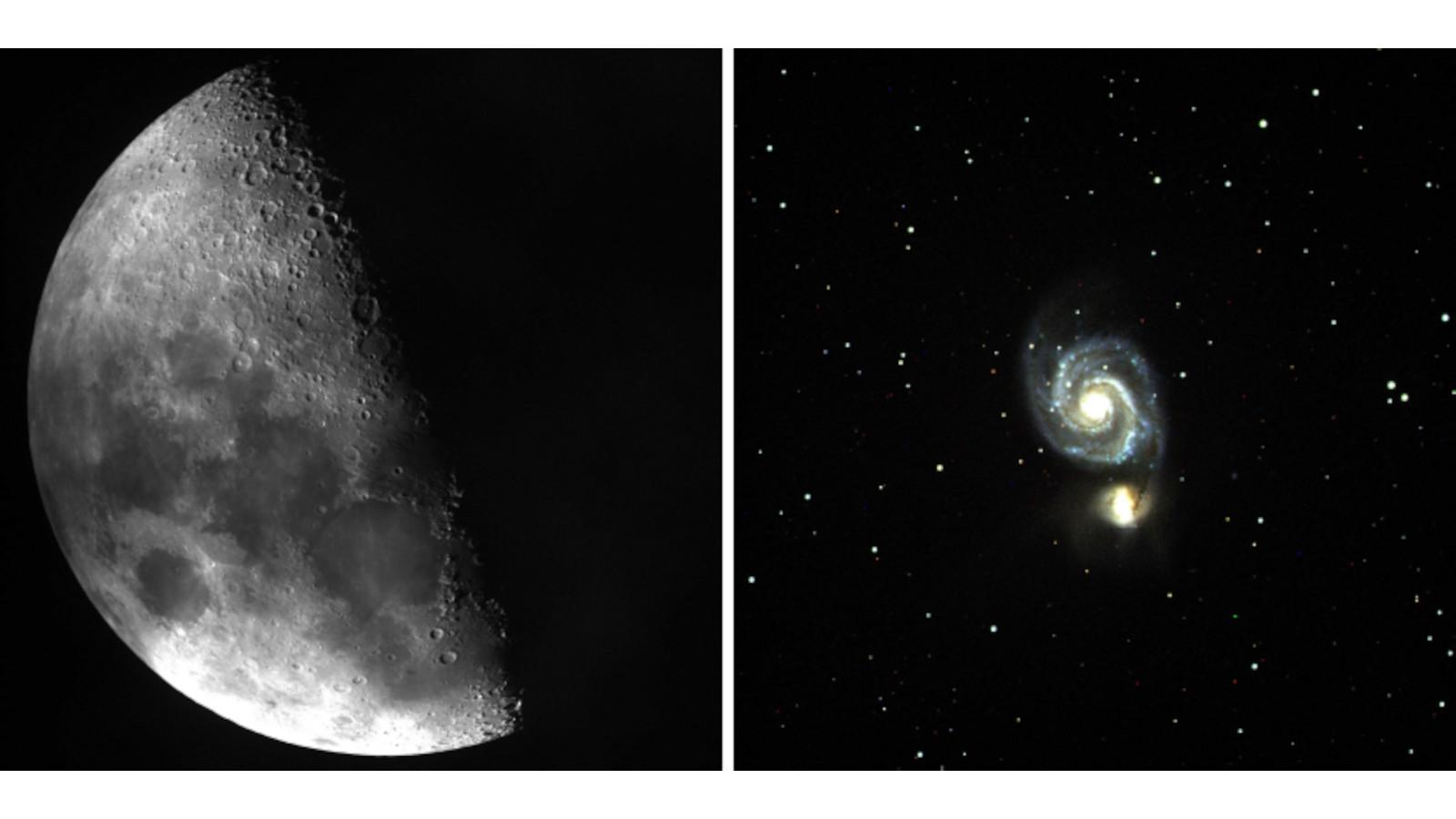 DEMONEXT images of teh quarter moon (left) and spiral galaxy M51 (right)