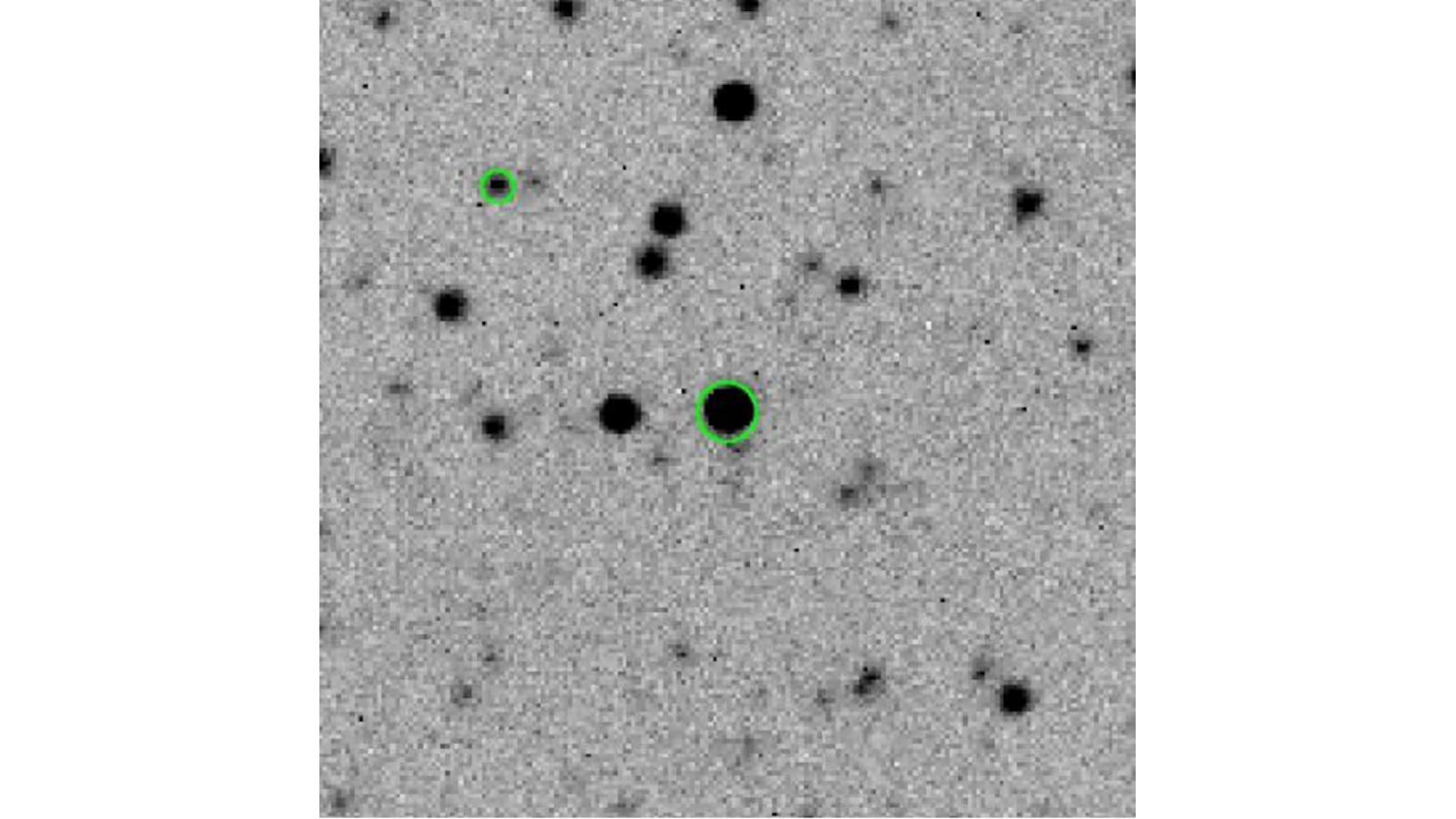 1-degree subfield from KELT, bright star circled is v=6.96mag, fainter star circled is V=10.96mag, faintest stars about 12mag