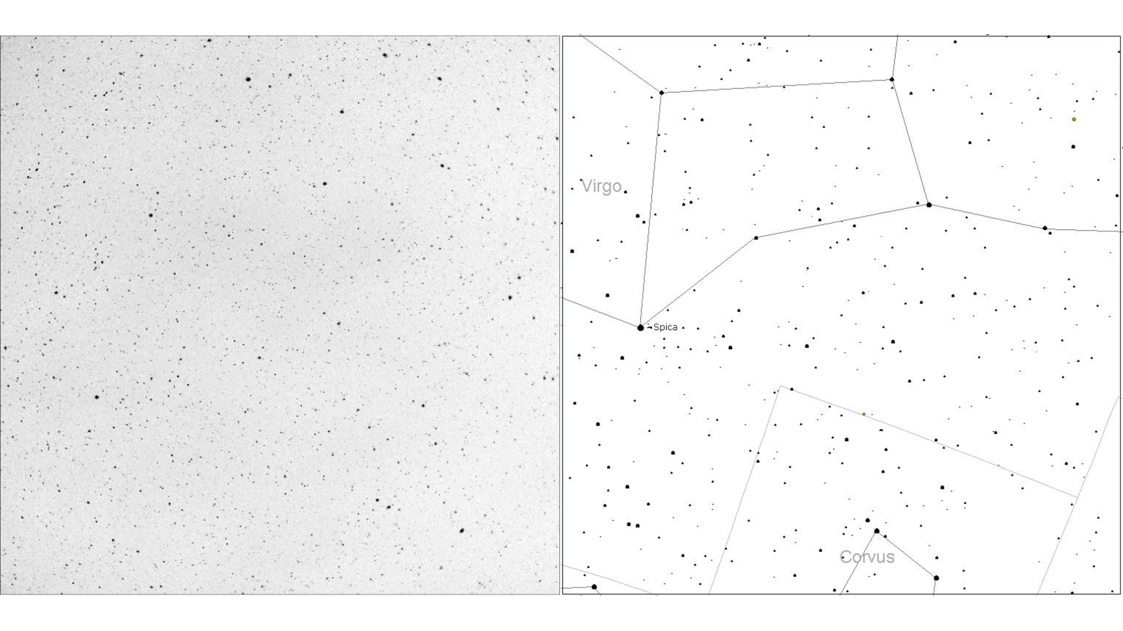 KELT image of a region of the Virgo and Corvus constellations (left) and a sky map of the same regio (right)