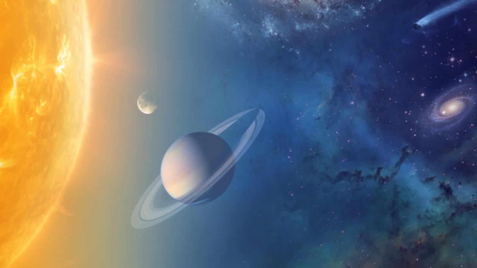 Space art of the solar system showing the Sun, Earth, Saturn, and a galaxy in the distance